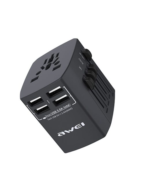 AWEI C-36 - Adaptor de încărcare pentru călătorii în lume 4xUSB 4,8A - Negru