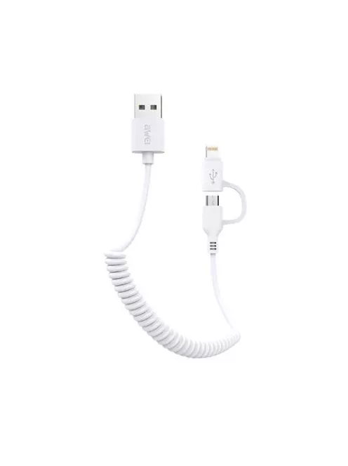 AWEI CL-53 - Cablu retractabil 2 în 1 Micro USB / Lightning USB retractabil de 1m - Alb