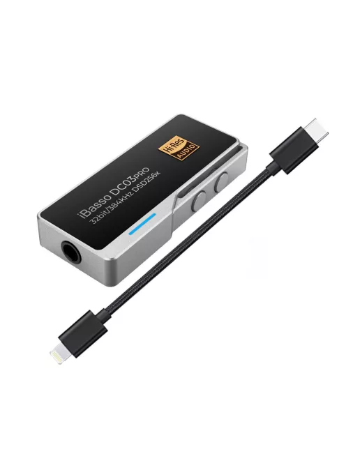 IBASSO DC03PRO - Adaptor DAC de la USB Type-C FEMALE la 3,5mm Jack FEMALE cu 32bit 384kHz PCM DSD256 - Argintiu - + Lightning cable