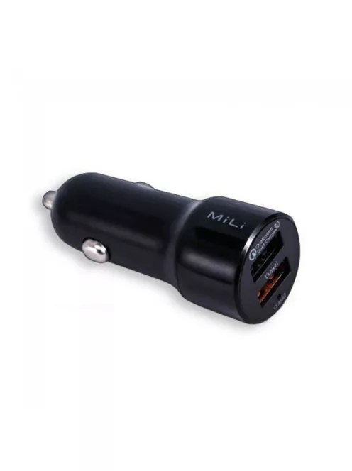 MiLi Smart Pro este un încărcător rapid pentru mașină, cu două porturi USB și o putere de 30 de wați, utilizând tehnologia Qualcomm QC 3.0.