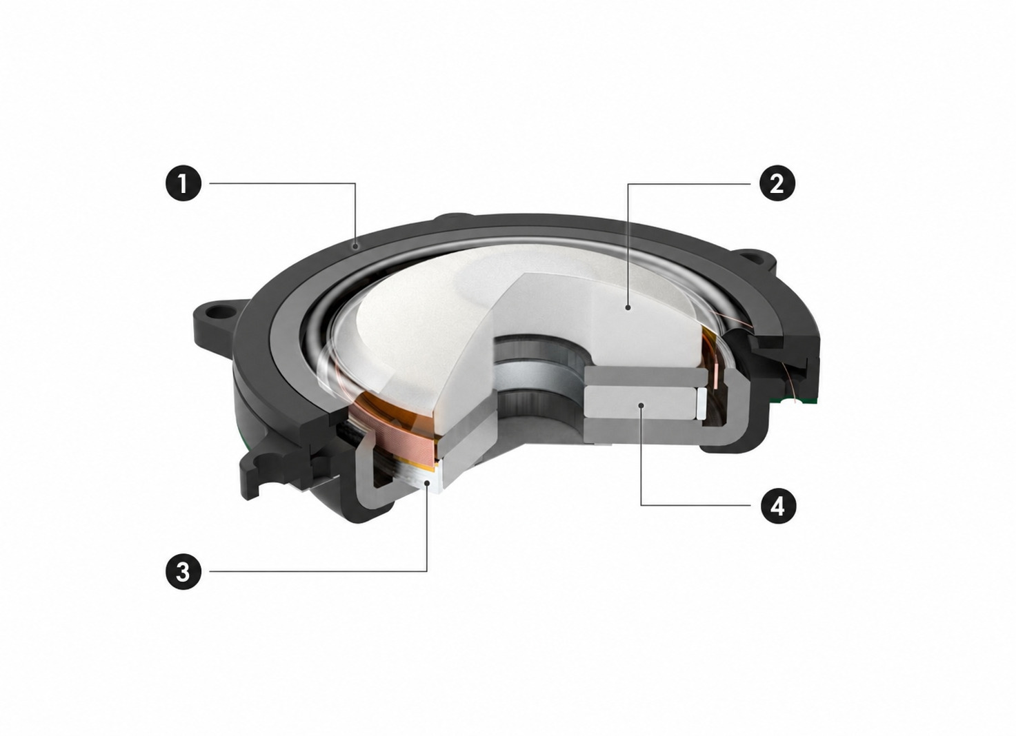 DX10000 CL cupolă True Diamond, amortizare internă, inel de scurtcircuitare și magnet N55 într-o diagramă cu patru puncte